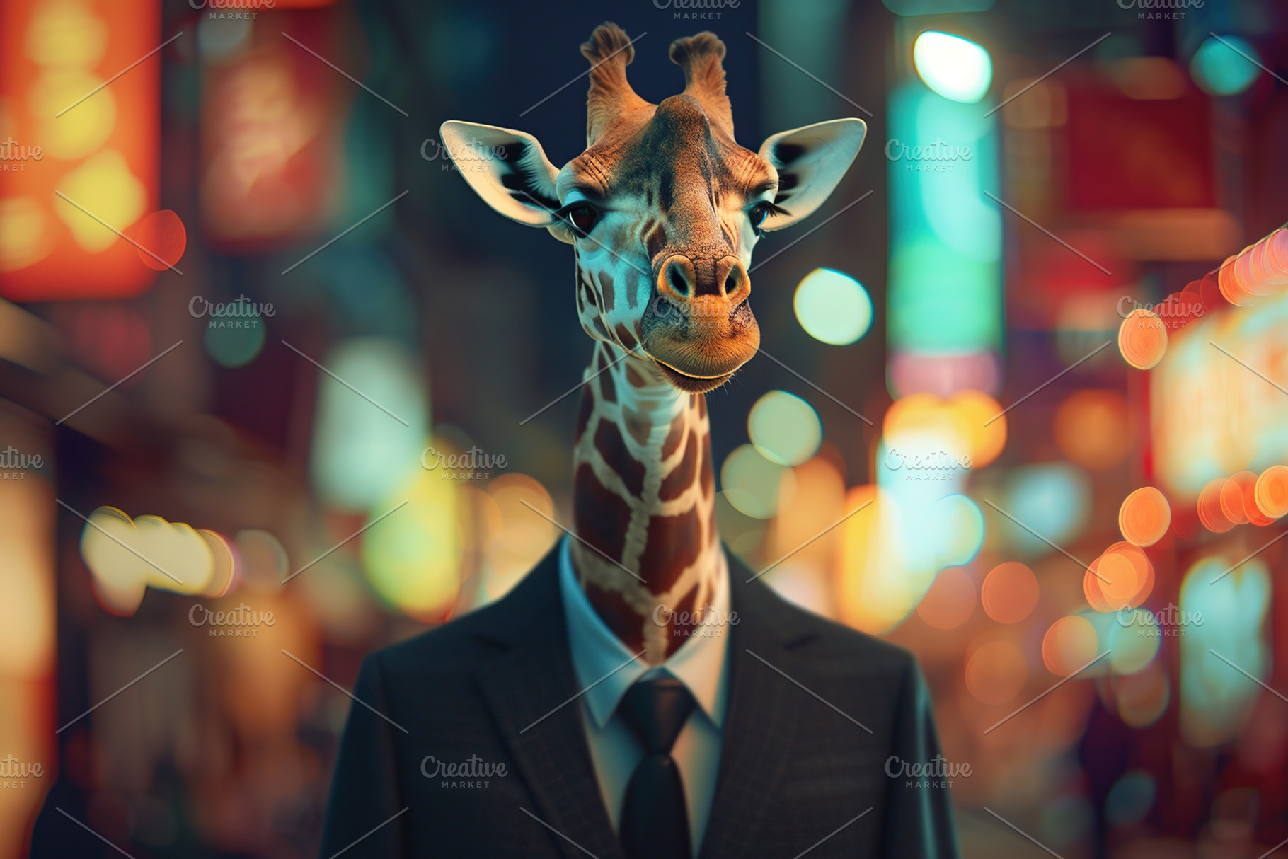 Giraffe in black suit on blurred city street background, a Photo by AlyaAnd
