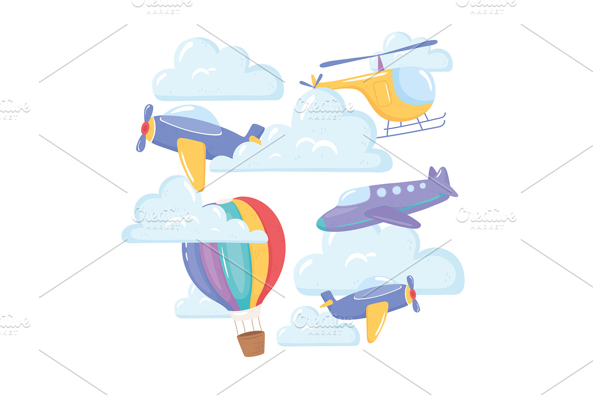 plane helicopter clouds, a Transportation Illustration by studiogstock