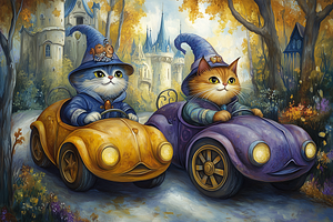 Whimsical Cats In Cars Fantasy Art, an Animal Illustration by Art Paradise Studios