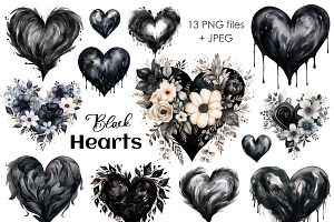 Black hearts PNG valentines clipart, a Decorative Illustration by Whimsy Brush Studio