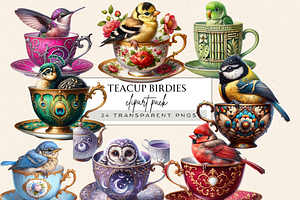 BIRDS IN TEACUP CLIPART PACK, an Animal Illustration by Daring Digies