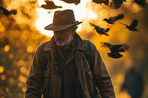 A ornithologist man in a hat walks through a forest at sunset, surrounded by fl, a Person Photo by Textures & Backgrounds