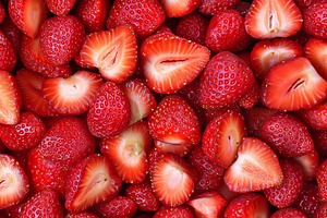 Vibrant halved fresh strawberries, a Food & Drink Photo by MistyDay
