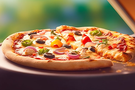 Pizza capricciosa homemade outdoors in the garden, online delive, a Photo by Anneleven