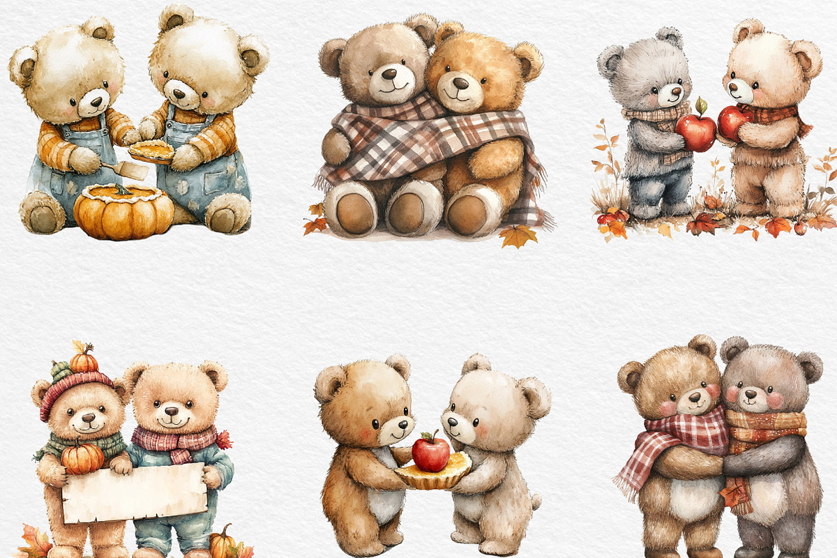 Fall Teddy Bears Couple Clipart, an Illustration by Black Bird Studio (Photo 3 of 6)