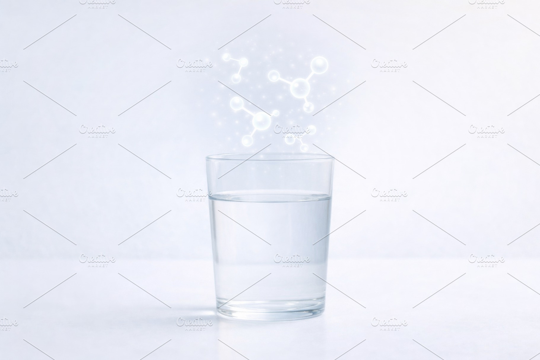 Glass of water with molecular structure concept against light ba, a Photo by Dvoevnore photos