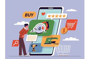 Man chooses tool online. Mobile, a Person Illustration by YummyBuum