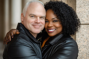 Mixed couple enjoying a warm embrace, a Photo by Pavel_design
