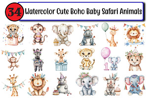 Watercolor Cute Boho Baby Safari, an Illustration by Design Market