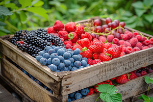 Fresh ripe berries in wooden crate in the garden, a Food & Drink Photo by AlyaAnd