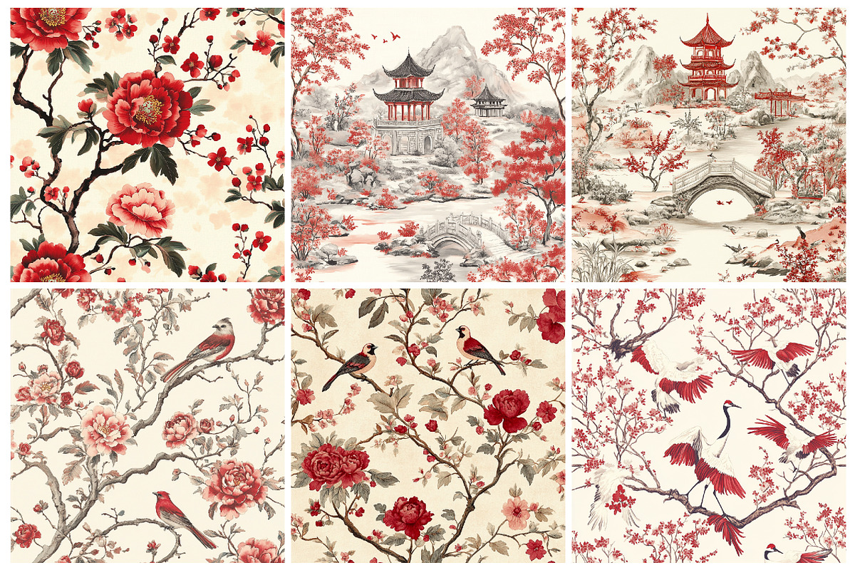 Red & White Chinoiserie Digital Pape, a Texture Graphic by CitraGraphics (Photo 5 of 9)