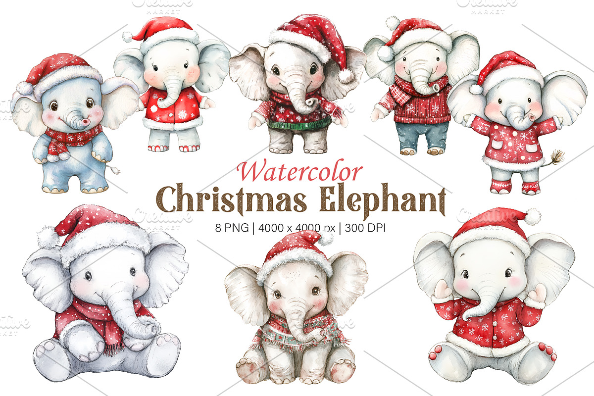 Christmas Elephant. Watercolor PNG., an Animal Illustration by KENO Mascots (Photo 1 of 7)