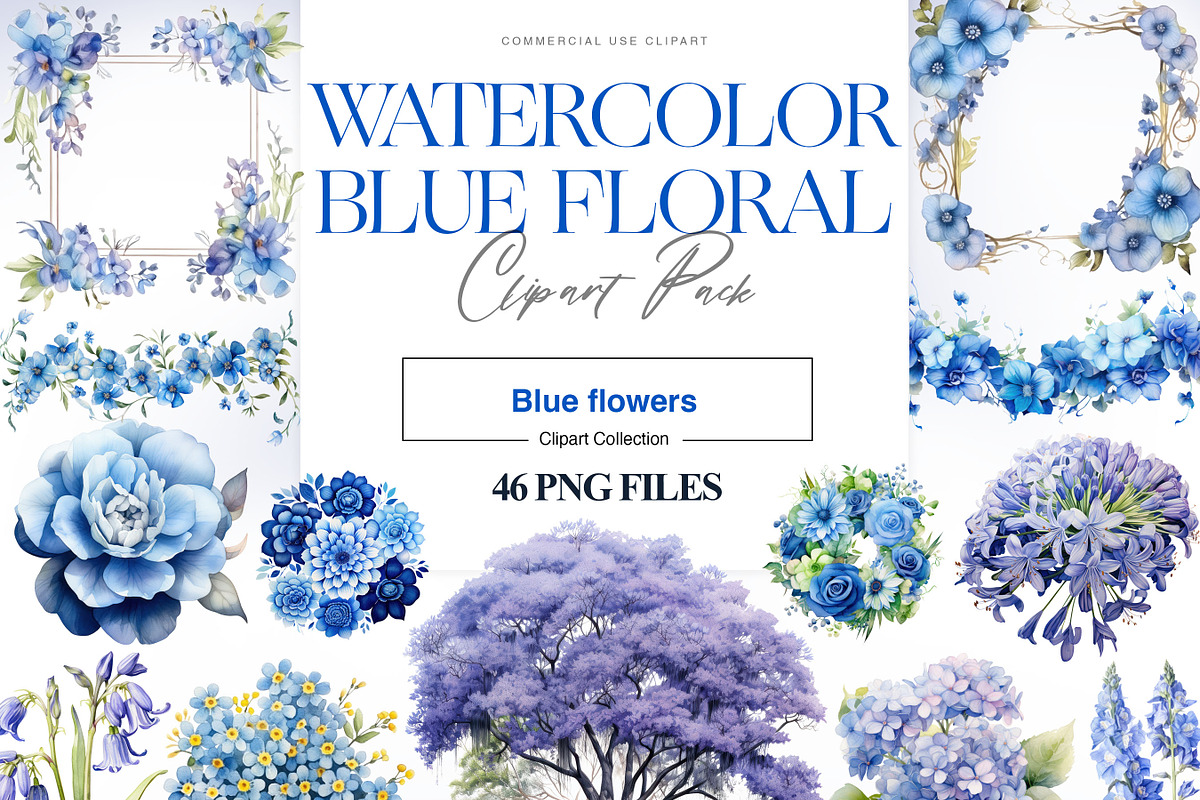 Blue Floral Clipart, Blue Roses PNG, a Decorative Illustration by BrushstrokeArtGB (Photo 1 of 9)