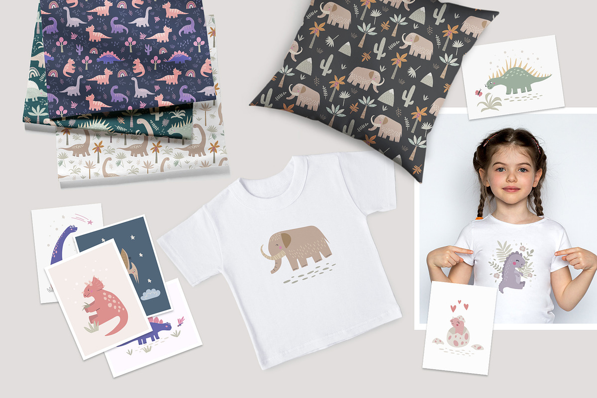 CuteDino clipart, patterns & posters, an Animal Illustration by Nadezhda Mikhailova (Photo 2 of 14)