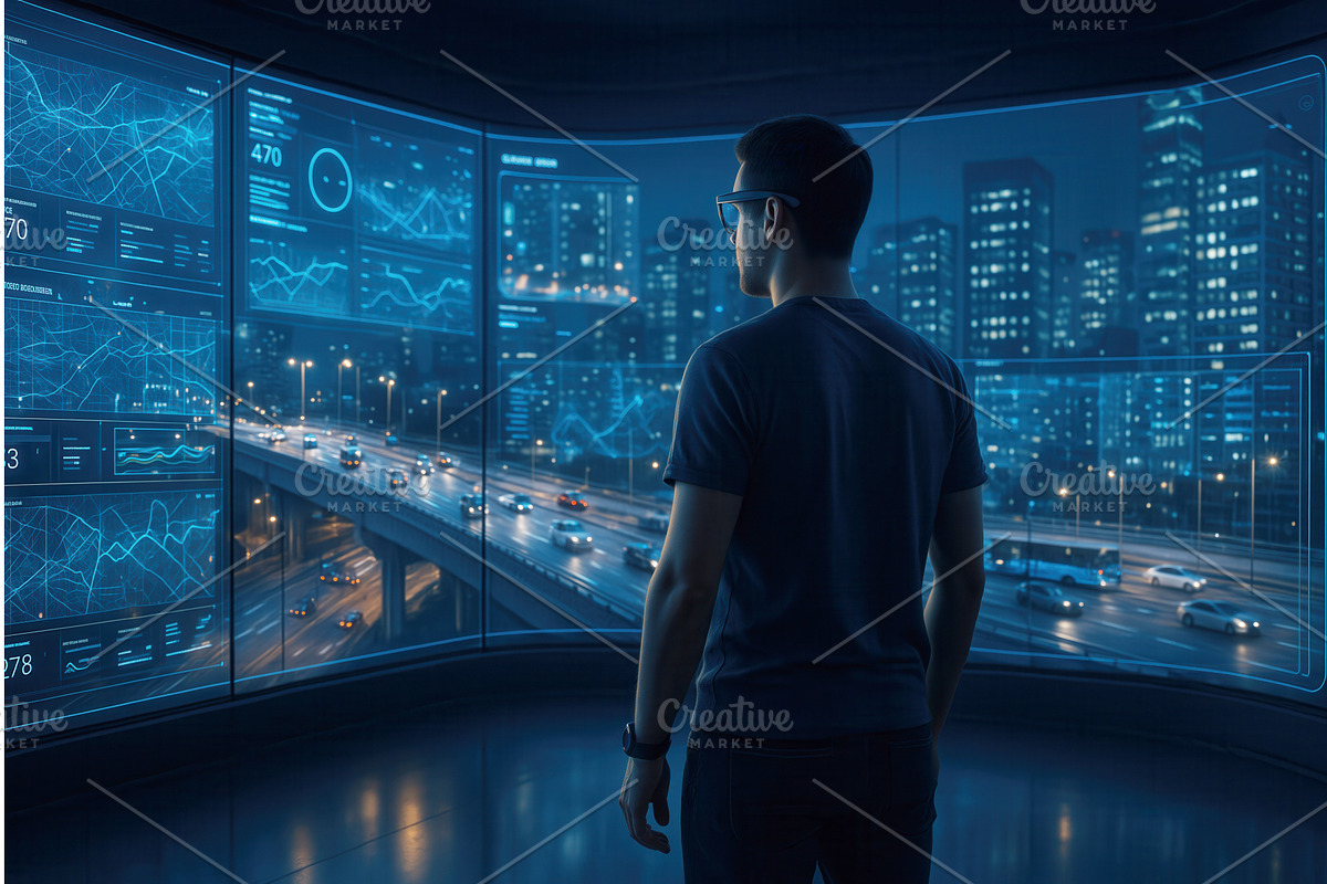 A man wearing glasses stands in a, a Technology Illustration by Sergey Kotenev