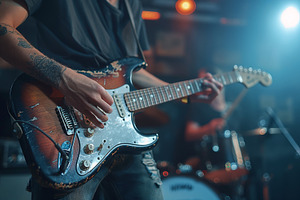 A male guitarist passionately plays his electric guitar on stage, illuminated b, a Person Photo by ImageMir