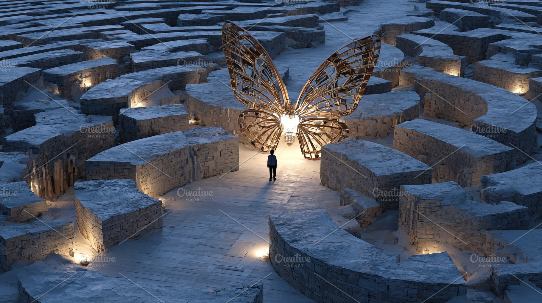 Man Facing Golden Butterfly Sculpture, a Business Photo by Ales Munt