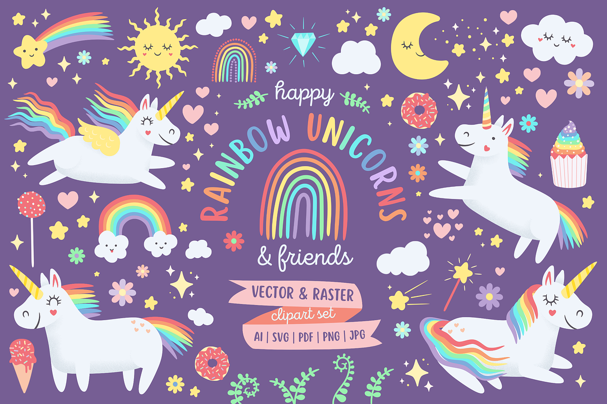 Happy Rainbow Unicorns Clipart Pack, an Animal Illustration by CherithDrawsThings (Photo 1 of 8)