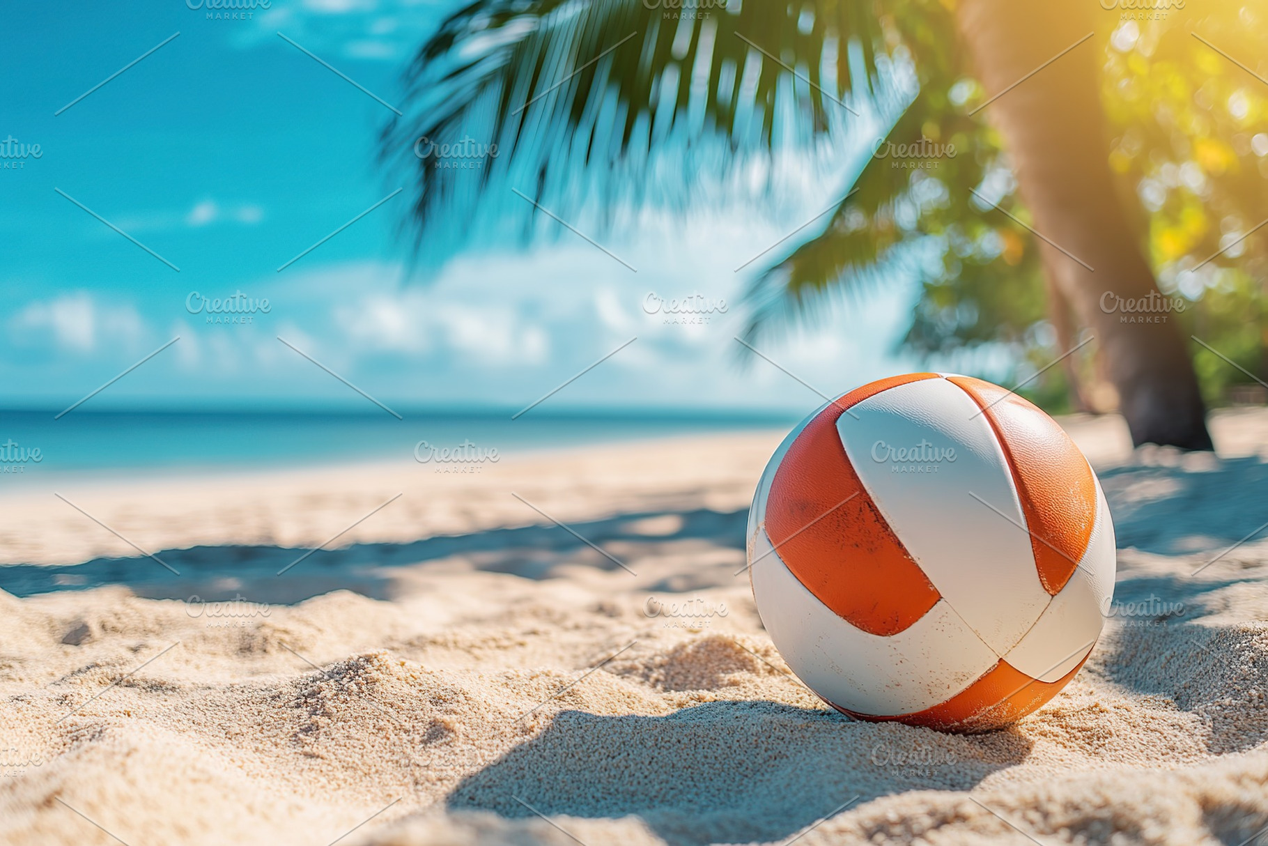 Beachfront volleyball rests on warm sand under clear blue skies, a Sports & Recreation Photo by AlyaAnd
