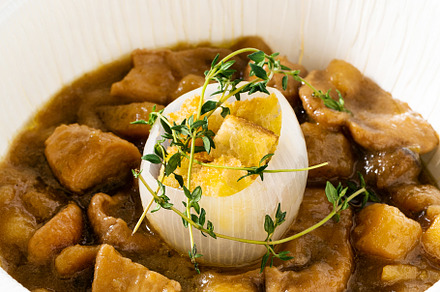 Potato and fresh porcini mushroom soup with caramelized onion. M
