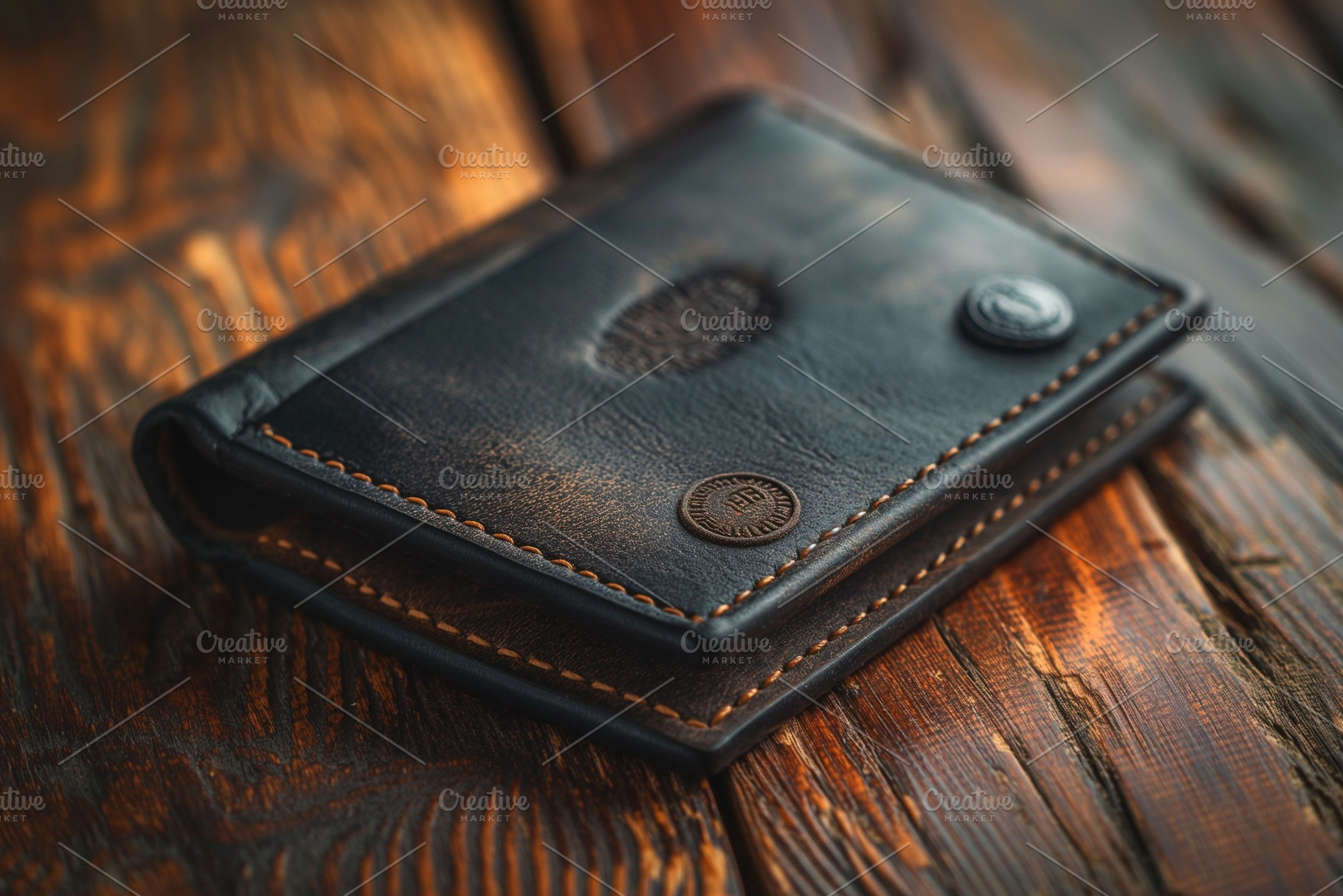 Elegant black leather wallet with a classic design resting on a rustic wooden s, a Business Photo by ImageMir
