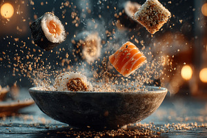 Sushi pieces flying into bowl sesame, a Photo by Pixeness Studio