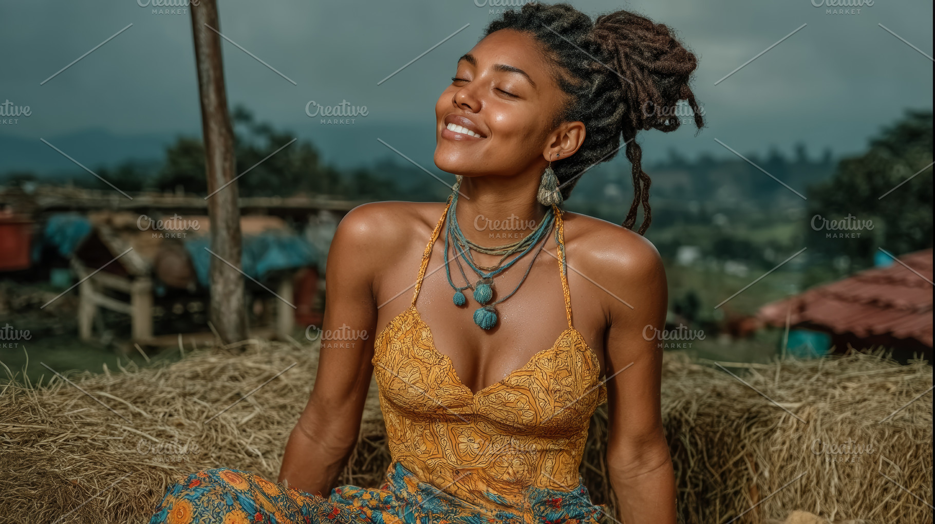 Smiling african american woman outdoors wearing bright clothing enjoying a peac, a Photo by AS photostudio