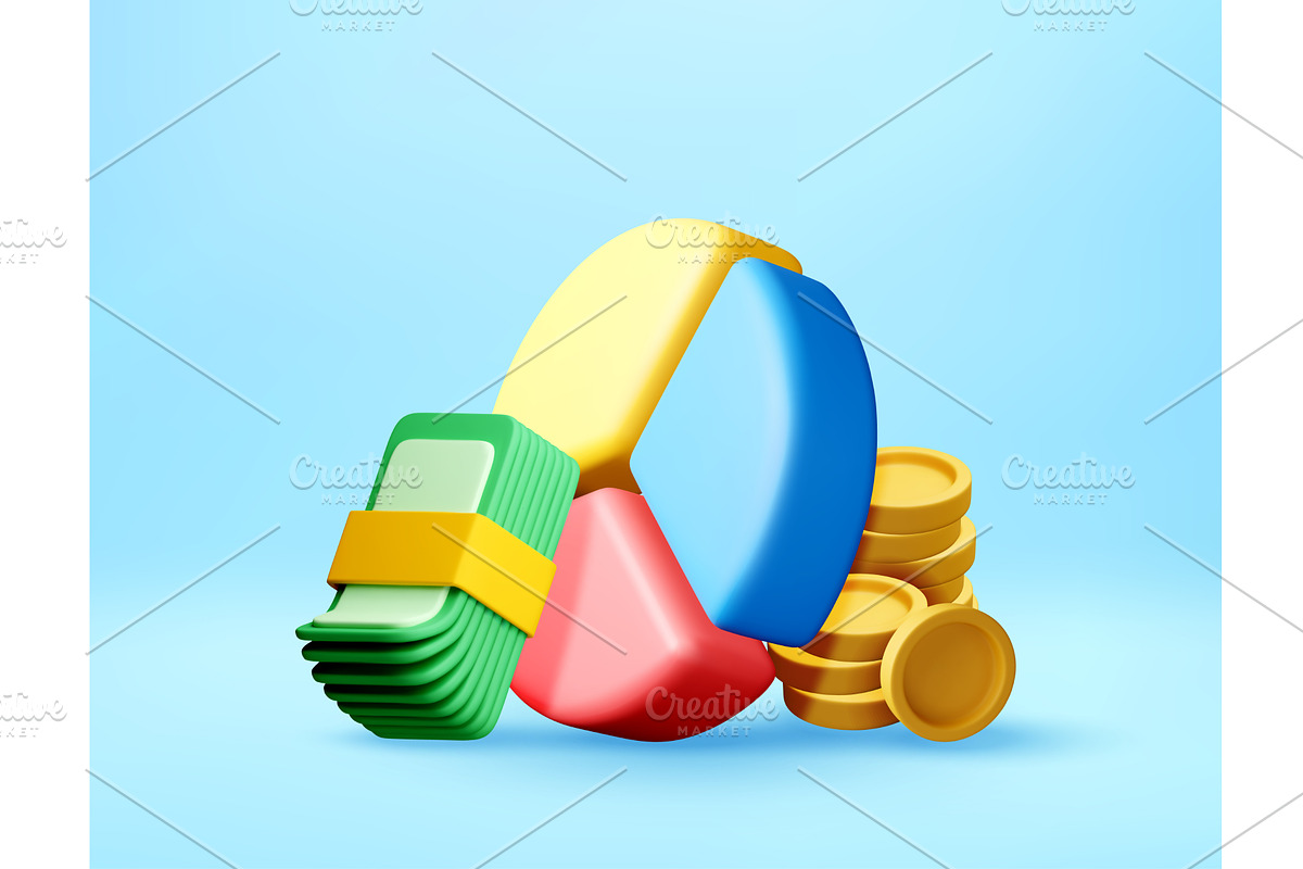 Colorful 3d pie chart with money, a Finance Illustration by Abscent