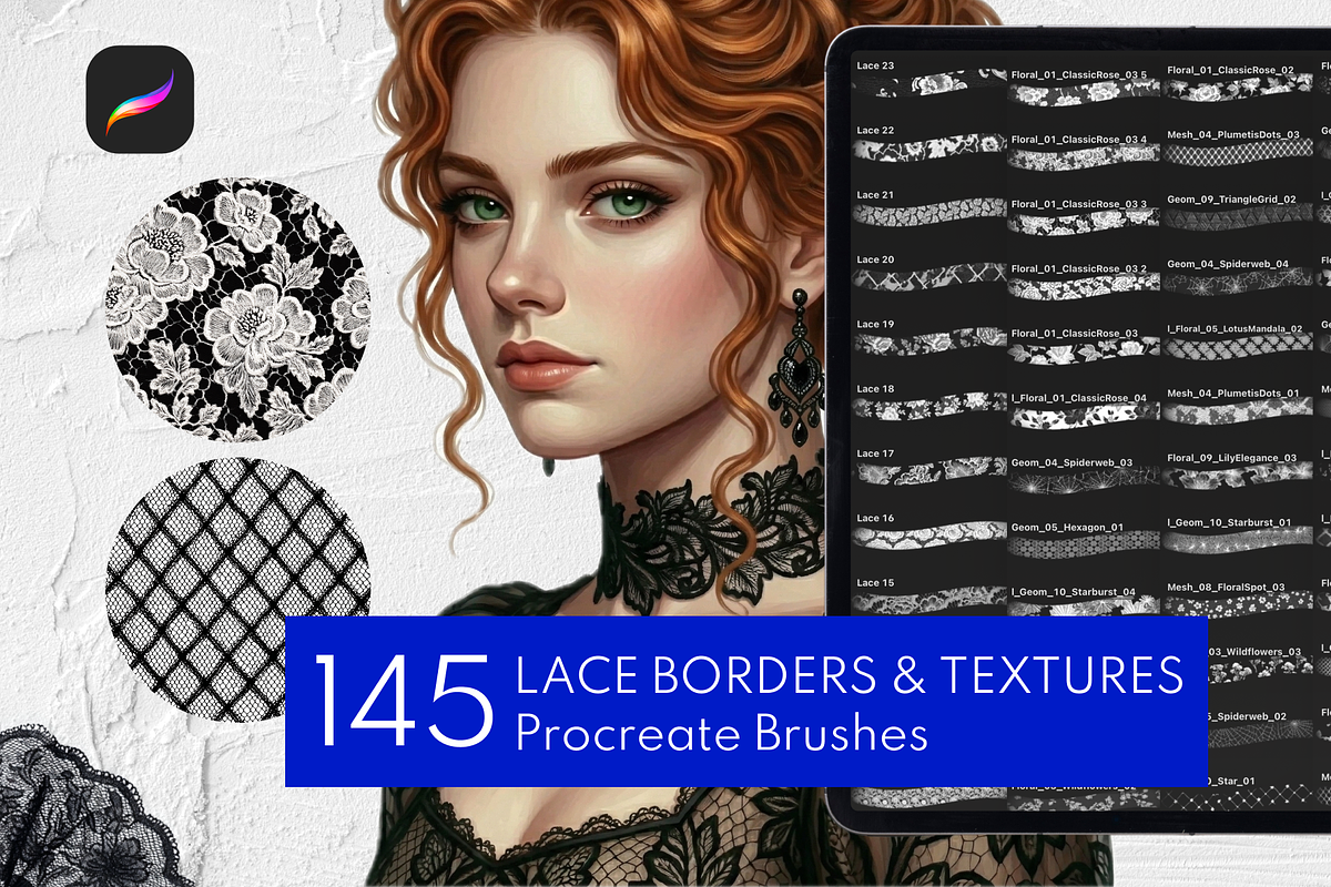 145 Lace & Mesh Procreate Brushes, a Brush Add-On by Selentaori Studio (Photo 1 of 10)