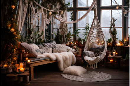 Warm Boho winter room tent. Generate, a Holiday Photo by Ylivdesign