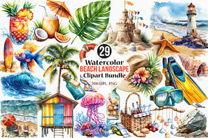 Watercolor Beach Landscape Clipart, an Illustration by Canvas Craft