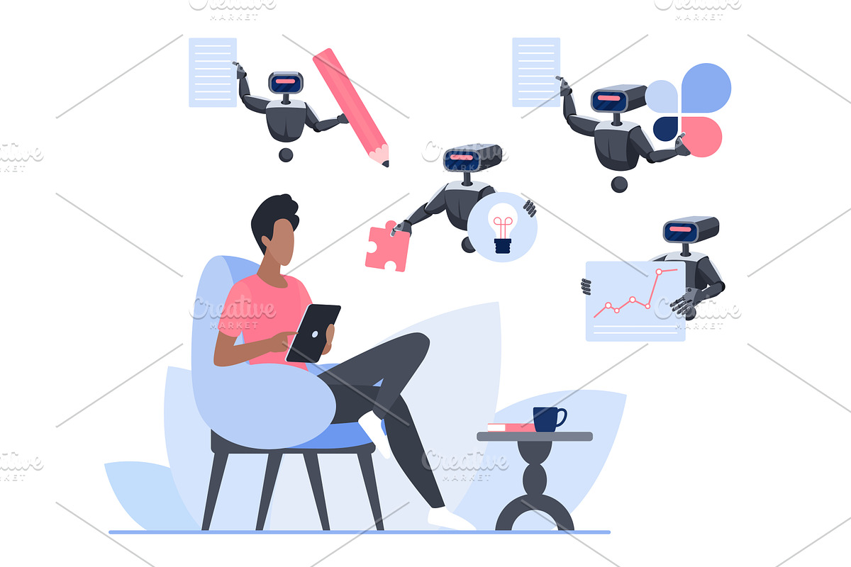 Writer collaborating chatbots, a Technology Illustration by Lemberg Vector