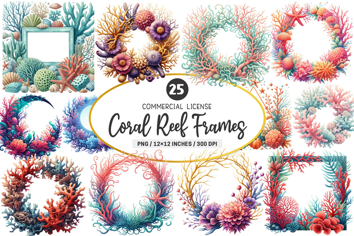 Watercolor Coral Reef Frames PNG, an Illustration by SinaCreation (Photo 1 of 5)