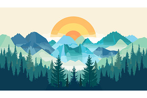 Geometric landscape mountains pine