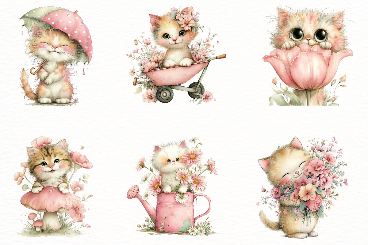 Whimsical Funny Spring Cat Clipart, an Illustration by Designworld (Photo 2 of 8)