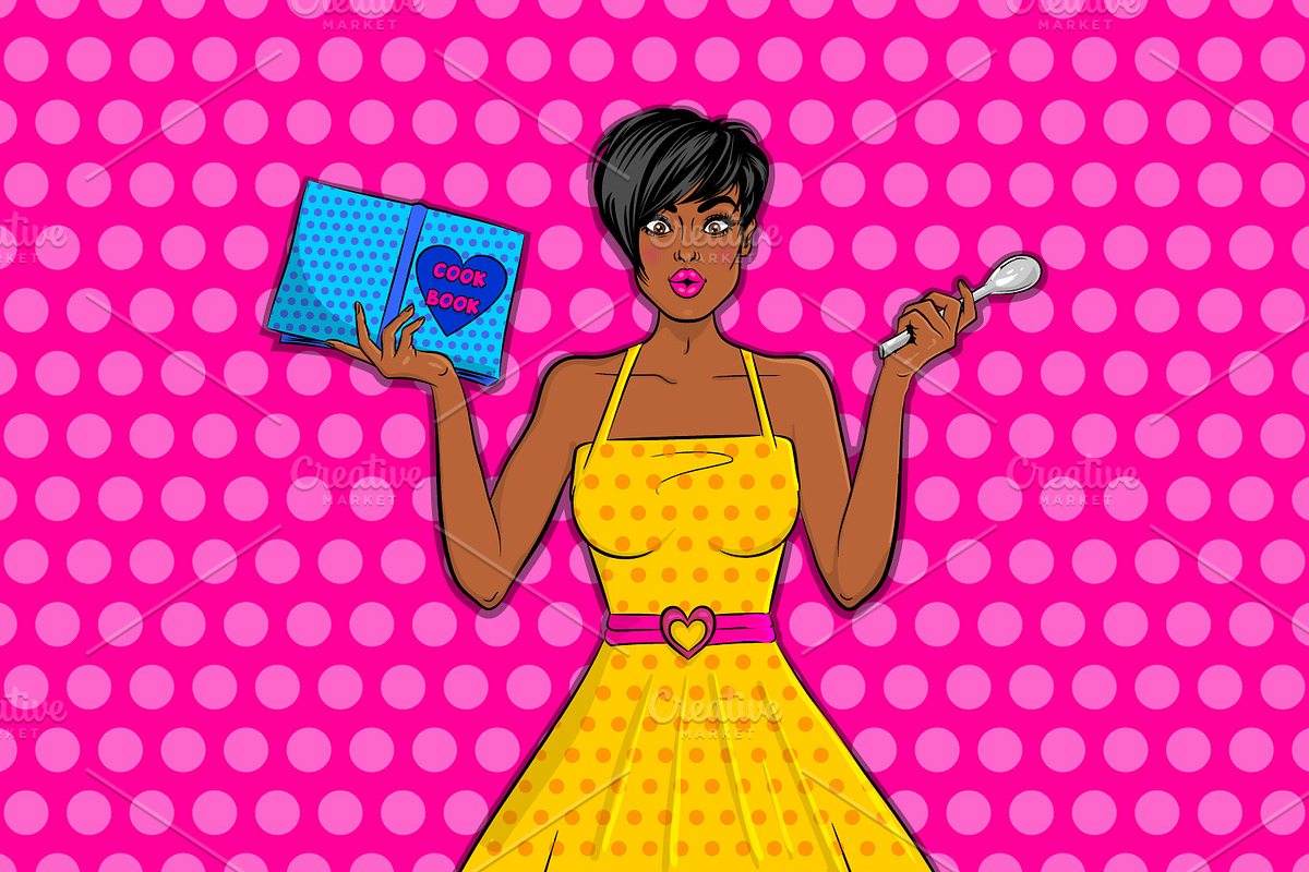 Black woman cooking wow face pop art, an Illustration by Kapitosh