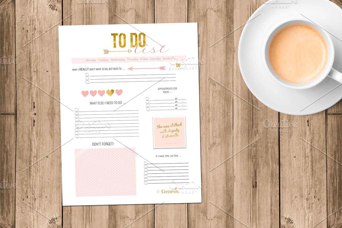 To Do List - Pink & Gold Printables, a Stationery Template by Genesis Printables