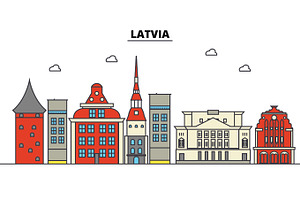 Latvia, . City Skyline: Architecture, Buildings, Streets, Silhouette, Landscape, Panorama, Landmarks. Editable Strokes. Flat Design Line Vector Illust