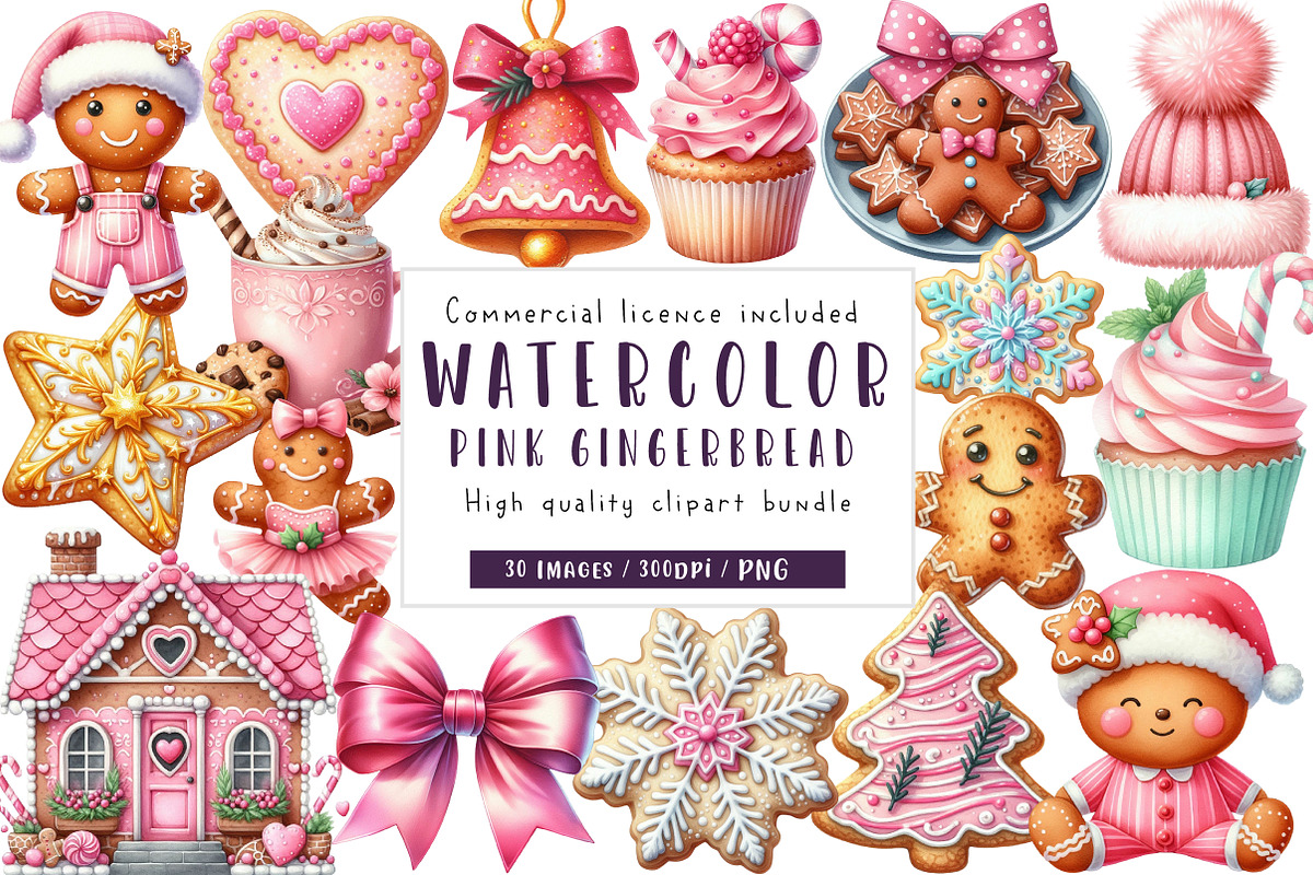 Watercolor Pink Gingerbread Clipart, an Illustration by CreationArt (Photo 1 of 5)