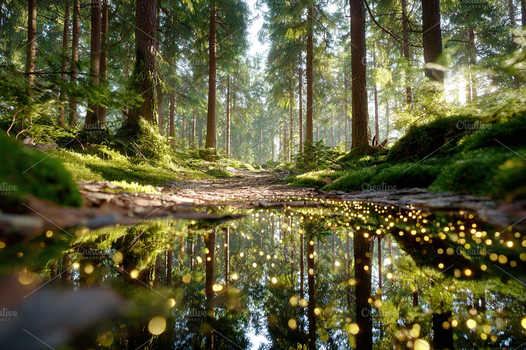 Serene forest path with sparkling reflections in calm water during golden hour, a Photo by AlyaAnd