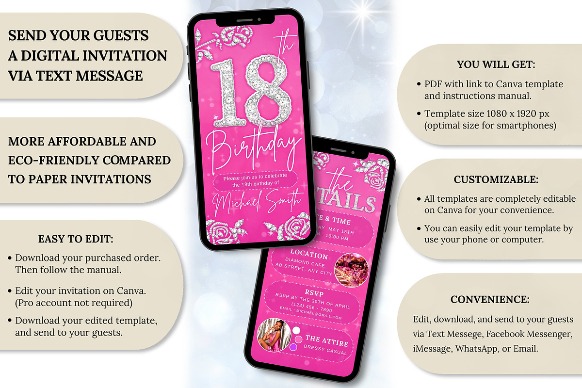 Editable Pink 18th BD Evite Template, an Invitation Template by V Design Creator (Photo 4 of 8)