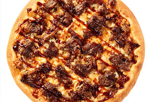 Barbecue pizza topping a crispy golden crust, featuring tender c, a Photo by Studio ANNA