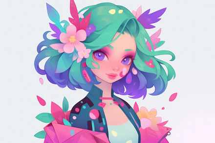 A vibrant, stylized portrait of a girl with colorful hair and floral accents. S, an Arts & Entertainment Photo by Textures & Backgrounds