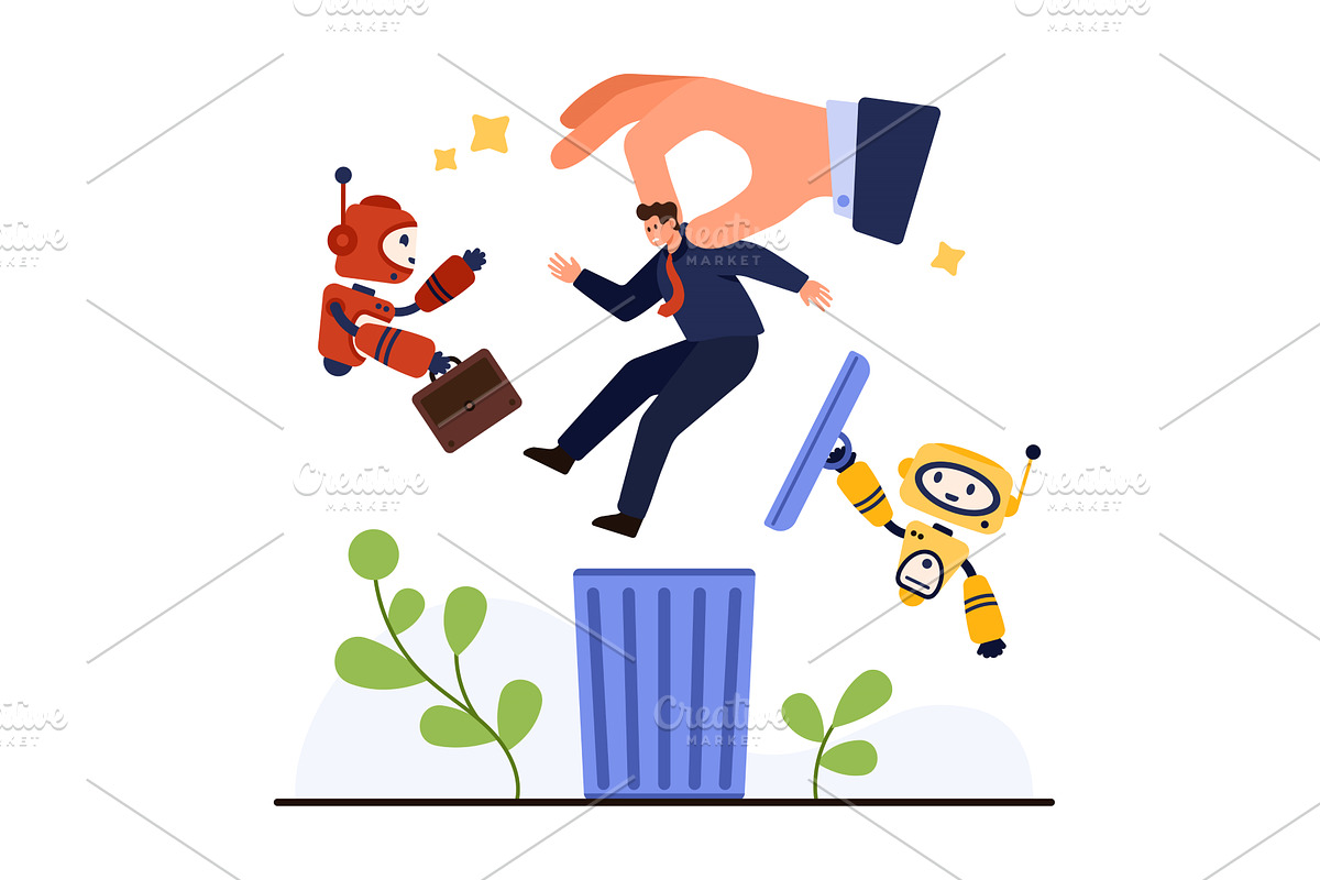 AI Robots Replacing Human Office, a Person Illustration by Flashvector