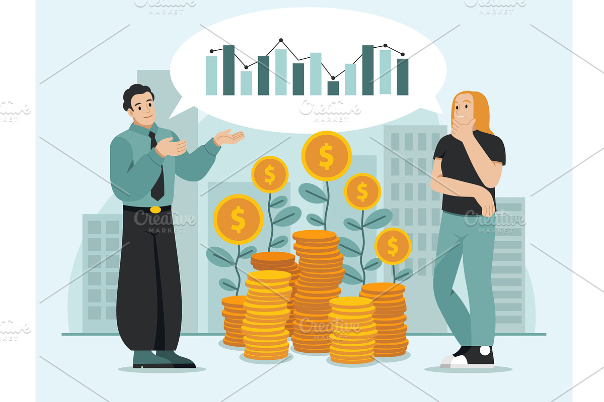 Financial investments people. Broker, a Finance Illustration by YummyBuum