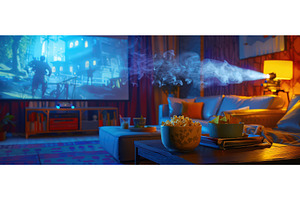 Cozy home cinema night with popcorn, a Technology Photo by piter.goskov