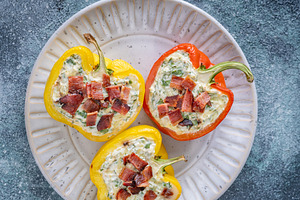 Baked Stuffed Bell Peppers With Ricotta Spinach And Crispy Bacon, a Food & Drink Photo by Alexander Prokopenko