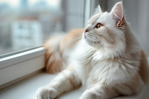 A fluffy cream-colored cat gazes out the window, enjoying the serene view of th, an Animal Photo by ImageMir
