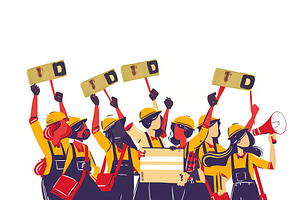 Workers uniting for a cause holding signs and demonstrating collaboratively, an Illustration by AS photostudio