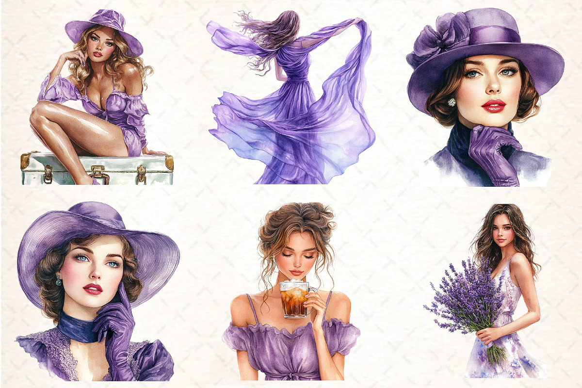 Purple Summer Vintage Woman Clipart, an Illustration by DreamCafeArt (Photo 2 of 8)